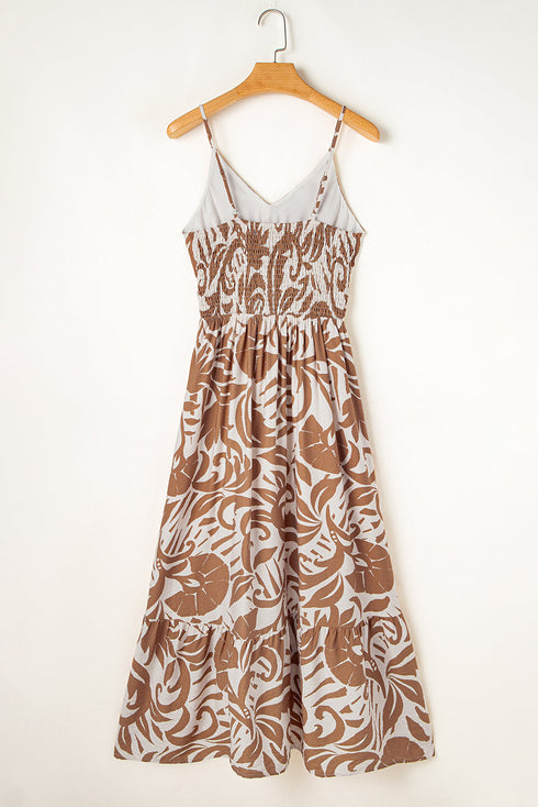 Khaki Floral Shirred High Waist Spaghetti Straps Maxi Dress